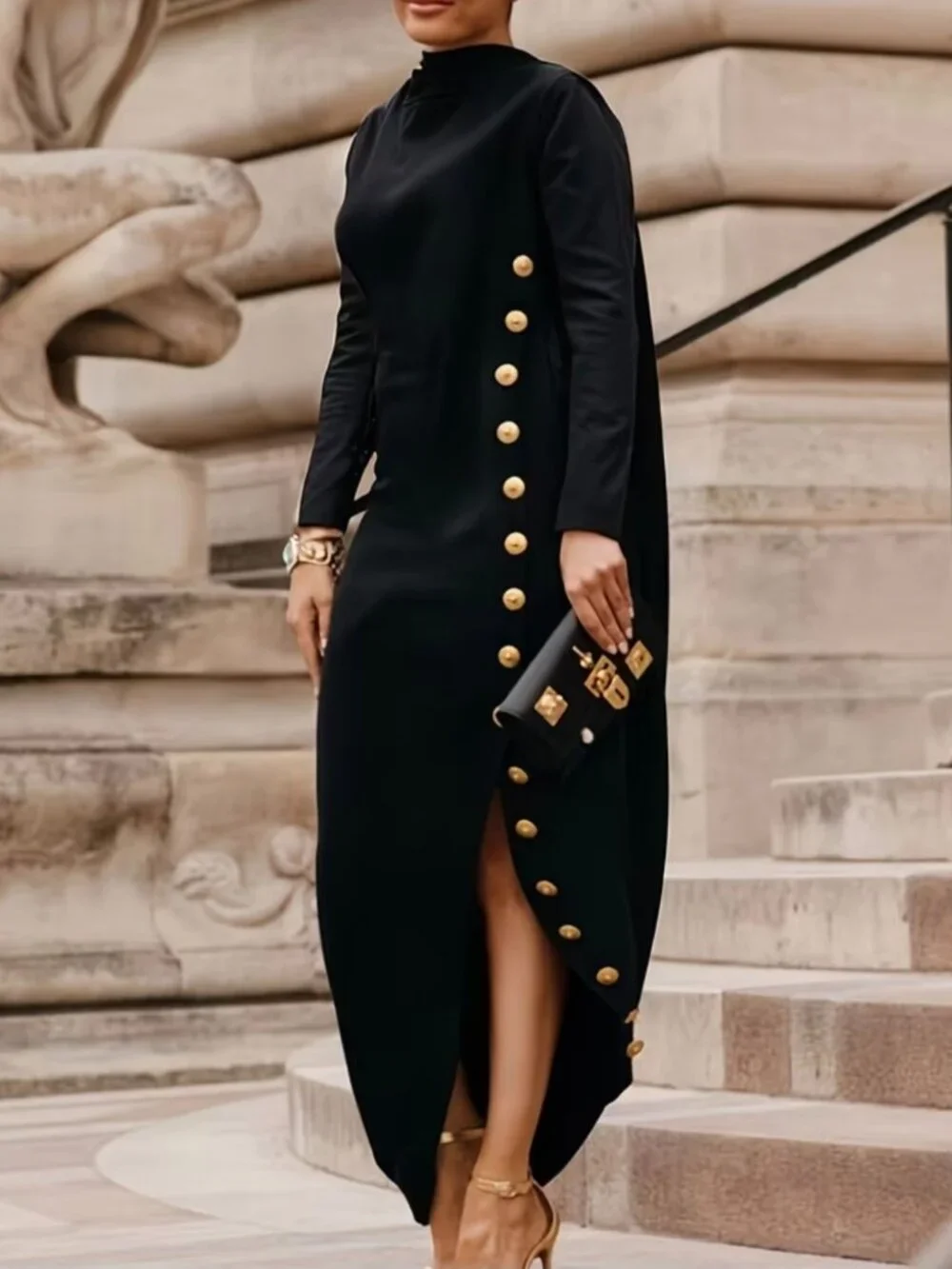 Women'S Black Semi-High Neck Side Breasted Asymmetrical Slit Dress Elegant